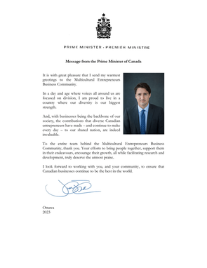 Message from the Prime Minister of Canada for Multicultural Entrepreneurs Business Community